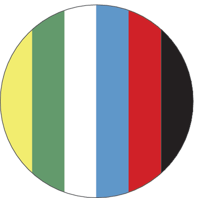 Yellow/green; white; blue; red; black